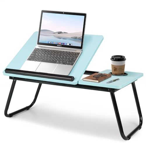 Warmiehomy Laptop Desk, Laptop Bed Table with Foldable Legs & Cup Slot,Reading Holder Notebook Stand with Adjustable Height Angle,Laptop Bed Tray for Bed Sofa Breakfast Work Study Reading (Blue)