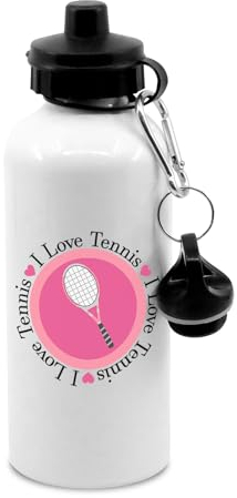 New Spirit Original Pink circle with tennis racket in center, I love tennis water bottle with clip, drinks bottle, drinks cup, tennis player, tennis game, sports, tennis equipment, tennis accessories