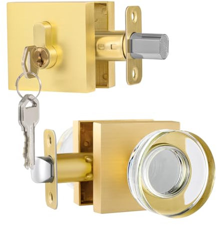 newliplace Exterior Glass Door Knob with Single Cylinder Deadbolt Lockset, Entry Crystal Door Knob with Deadbolt, Gold Front Door Lock Set, Satin Brass Front Door Handle and Deadbolt Set