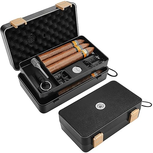 Cave à cigares de voyage – Étui à cigares portable double couche avec accessoires humidificateur, coupe-cigares, cèdre espagnol et support à cigares, étanche, résistant à l'écrasement, cadeau pour
