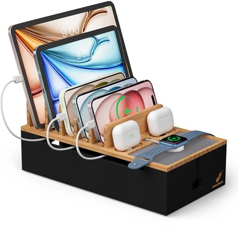 Pezin & Hulin Cord Organizer for Cell Phone Charging Station, Multiple Devices Charger Dock to Management Cables and Storage Power Strips (No Power Hub Supply)-Natural + Black