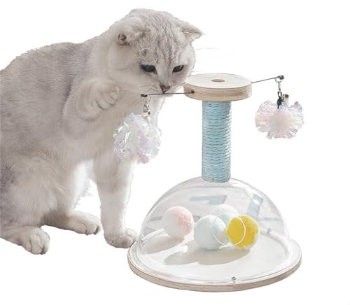 Marchul 3 in 1 Katzenspielzeug aus Holz, Interaktives Kätzchenspielzeug, Katzenkratzbaum, 360° drehbarer Teasing Stick mit Feder, herausziehbarer Ball Drehteller Krallentrainer für Katze Indoor