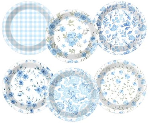 Justforjoyful 48pcs Summer Blue Floral Paper Plates Tea Party Decorations Disposable Vintage Flower Party Dinnerware Tableware Set 7 Inch