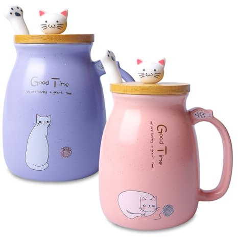 Juego de 2 Tazas de Café para Gatos, Bonita Taza de Gato para Café, Gato Taza de Cerámica, 380ml, con Tapa Y Bonita Cuchara de Gatito, para Mujeres Esposa Mamá Chica Amigo