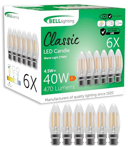 BELL Lighting B22 Bayonet Filament Dimmable Light Bulb LED Candle 6 Pack | Warm White 2700K | 470 Lumen 4.5W | Energy Saving Candle LED Light Bulb | 40W Lamp Equivalent