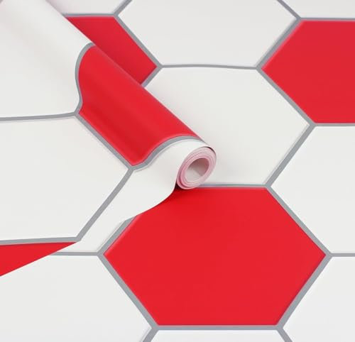 WPE® Red Football Themed Wallpaper for Liverpool Fans – Perfect for Kids' Bedroom & Playroom, Sports Room Decor – Matching Plain Red & White Stripe Wallpaper Available (Football Print)