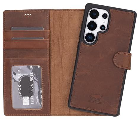 Solo Pelle Lederhülle Harvard kompatibel für das Samsung Galaxy S25 Ultra RFID inklusive abnehmbare Hülle mit integrierten Kartenfächern RFID (Vintage Braun)