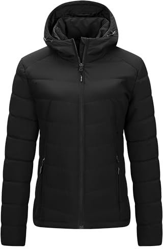Outdoor Ventures Women's Winter Puffer Jacket Quilted Padded Coat Transitional Insulated Hooded Jackets Windproof Outerwear for Hiking Travel Skiing Black M