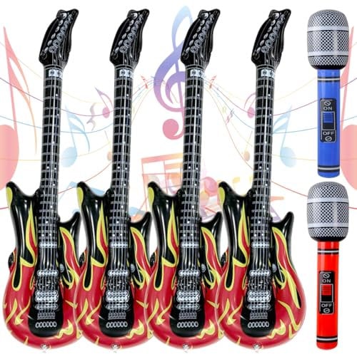 4 Stück Aufblasbare Gitarren,Aufblasbare Party Gitarre,2 Aufblasbare Mikrofone,Aufblasbare Gitarren Requisiten,Rock Musikinstrument,für Mottopartys,Karneval,Props Party (4+2 PSC)