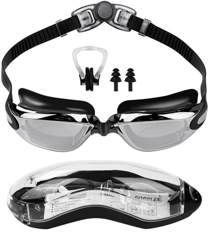 BOROCO Gafas de natación antivaho con protección UV, con tapones para los oídos, pinza nasal, para hombres, mujeres, adultos