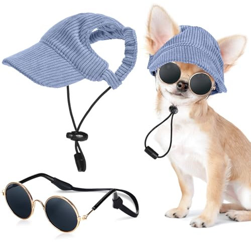 Jadive Hunde Sonnenhut mit Ohrlöchern Katze Hunde Sonnenbrille mit Rutschfestem Silikonband Verstellbarer Haustier Baseballmütze Sommer Sonnenschutz Hut für Welpen Foto-Requisiten(Blau,Klein)