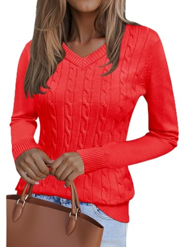 Kistore Jumpers for Women UK V Neck Cable Knit Jumper Solid Color Pullover Sweaters Basic Lightweight Tunic Red L