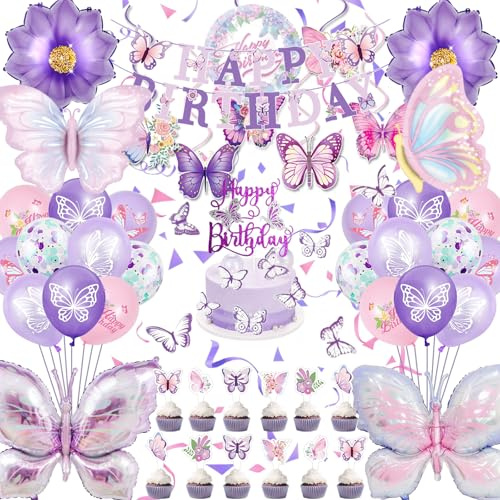 Schmetterling Deko Geburtstag Mädchen, 4 XXL Folienballon Lila Schmetterling Tortendeko Wanddekoration Swirl Anhänger Banner, Geburtstagsdeko Mädchen Luftballon Party Mitgebsel(Kindergeburtstag Deko)