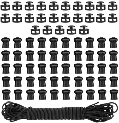 Serrature in plastica e corde elastiche nere, 3 mm x 15 m: 25 fermi a molla con cordini elastici e 50 leve di coda per stopper per zaino, lacci delle scarpe e abbigliamento