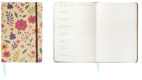 Idena 12068 - Taschenkalender 2026 im Format 13 x 21 cm, 1 Woche auf 1 Seite, Terminplaner in Hellbraun mit Blütenmotiv, Gummiband, Innentasche und Leseband