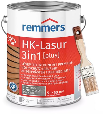 RemmersSet HK-Lasur 3in1 Plus + Pinsel Bandloo Set – Holzlasur für Außenbereich: Imprägnierung, Grundierung & Lasur in einem, Schutz vor Feuchtigkeit & UV-Strahlung, Varnish (Platingrau, 5 L)