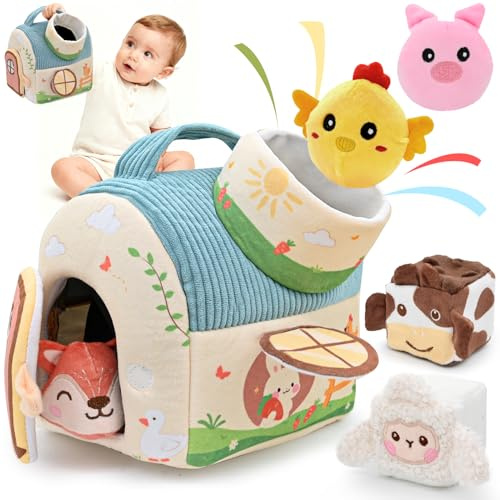 FLEXTRIX Baby Spielzeug 6-12 Monate, Bauernhof Montessori Sensorikspielzeug mit Bauernhoftierem, Scheune, Rassel& Spiegel - Kinder Motorikspielzeug 1-3 Jahre, Weihnachts- und Ostergeschenk