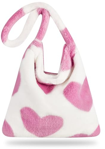 Damen Plüsch Handtasche, Große Kapazität Flauschige Tasche, Niedliche Plüsch-Umhängetasche, Handtasche Groß mit Herzförmigem Muster zum Einkaufen, Dating, Reisen (A)