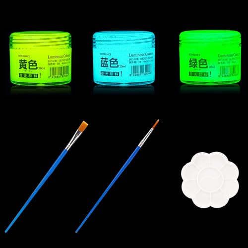 Nurila 20ml Fluoreszierende Farbe, 3 Leuchtfarbe mit 2 Pinsel und 1 Palette, Glow in the Dark Farbe, Acrylfarben Neon für Graffiti, Wandmalerei, DIY-Kreationen, Glas, Leinwand (Gelb, Blau, Grün)