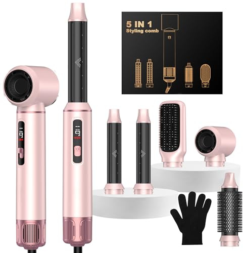 Hairstyler 5 in 1 LCD Haarstyler Airbrush, Hair Styler Set Mit Rundbürstenföhn Haarstyler Warmluftbürste Föhn Lockenstab Luft Thermal Brush Hair Styler Set Für Glätten, Trocknen, Volumen, Locken