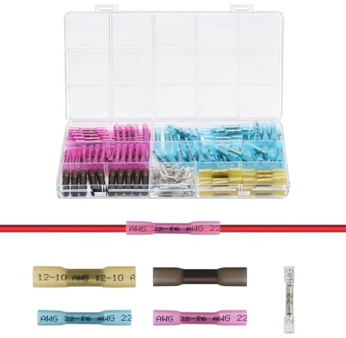 145 PzConnettori Termorestringenti, Connettori Giunzione a Crimpare, Guaina Termorestringente, Puntalini Elettrici a Crimpare per fili isolati (AWG24-22/AWG22-16/AWG16-14/AWG14-12/AWG12-10)