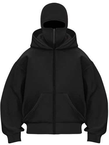 Balaclava Hoodie Zip Kapuzenpullover Kinder Mädchen Jungen Warm Sturmhaube Casual Sweatshirt mit Reißverschluss und Tasche Lockeres Gesichtsmaske Sweatjacke Winddicht Y2K Tops
