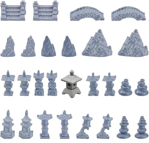 SUPERFINDINGS 28 Pièces 14 Styles Ornements de Jardin Chinois Miniature Zen Figurines Pagode Pont Lanterne Statue Résine Décoration Micro Paysage pour Pots Bonsaï Patio Cour Mini Maison Décor