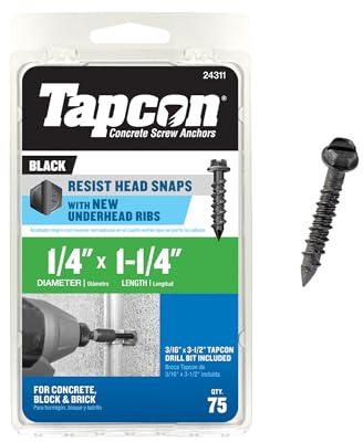 Tapcon 1/4 x 1-1/4 Inch Black Hex Head Concrete Anchors, 75 PCS, Corrosion Resistant Climaseal™ Coating, Heavy-Duty Concrete and Masonry Screws, Superior Holding Strength, Drill Bit Included