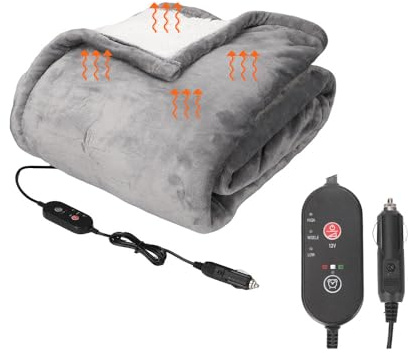 Elektrische Heizdecke, 130 x 150 cm, extra groß, Heizkissen, 12 V, beheizbare Decke für das Auto, 3 Heizstufen, tragbare Mini-Reise-Elektroheizdecke (Grau)