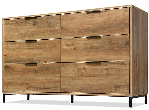 kozamas Kommode mit 6 Schubladen, 120cm Breit, Dunkle Eiche, Stabiler Metallrahmen, Industrielles Design mit Höhenverstellbaren Füßen, Schrank für Schlafzimmer oder Wohnzimmer