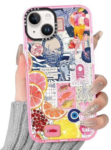 Niokfrci Été Collage Coque pour iPhone 14 / iPhone 13 6,1'', Etui Rose Silicone Souple avec Chat Nœud Coeur Aesthetic Motif Dessin, Protection Bumper Case Antichoc Housse pour Fille Fine TPU Étui