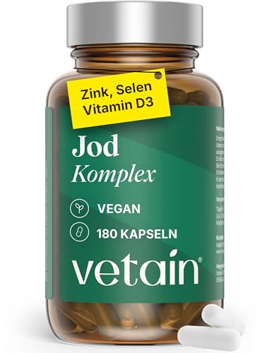 VETAIN Jod Komplex für die Schilddrüse - 180 Kapseln - mit Jod aus Bio-Kelp, Selen, Vitamin D3, Zink - 6 Monate Vorrat - hochdosiert, vegan & ohne Zusätze - produziert & laborgeprüft in Deutschland