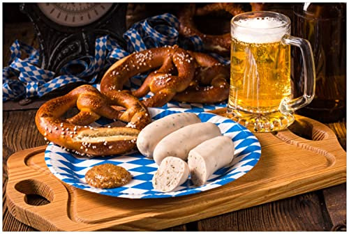 Wallario Küchenrückwand selbstklebend 90 x 60 cm, Motiv: Bayerische Brotzeit mit Weißwurst, Brezel und Bier | Spritzschutz abwischbar & pflegeleicht