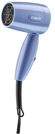 Conair Travel Hair Dryer, 1600W Compact Dual Voltage Blow Dryer with Folding Handle, Blue, 124NL