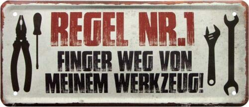 WOGEKA ART Retro Blechschild Finger Weg von Meinem Werkzeug Werkstatt Garage als Geschenk-Idee 28 x 12 cm Vintage-Deko-Schild aus Metall 2005