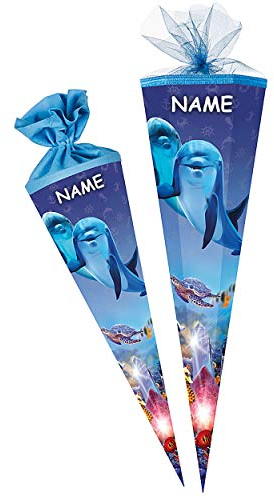 Schultüte - Delfin - Fische Unterwasser - 22-85 cm - Größe wählbar - 6 eckig - incl. Name - Tüllabschluß - Zuckertüte - mit/ohne Kunststoff Spitze - Nestl..