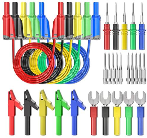 Cleqee Kit di 30 cavi di prova in silicone con spina a banana, completamente isolati, di sicurezza, impilabili, con clip a coccodrillo, spina a forcella + perni posteriori per test multimetro