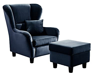 lifestyle4living - Moderner Ohrensessel mit Hocker – Große Auswahl an Stoffen und Farben - Gemütlicher Designer-Sessel im eleganten Landhaus-Stil, Samtblau