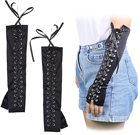 Eco-Fused Guanti in Raso con Lacci Senza Dita Lunghi Fino al Gomito - Manicotti Regolabili per Cosplay, Halloween, Travestimenti, Feste a Tema, Feste in Maschera - Stile Steampunk Goth