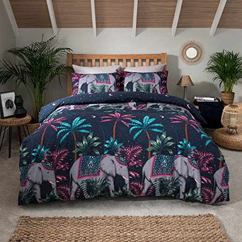 Sleepdown, Bettbezug und Kissenbezug, Motiv: Dschungel-Elefant, Marineblau, rosa, wendbar, weich, pflegeleicht, Einzelbett (135 x 200 cm), Polybaumwolle, Navy
