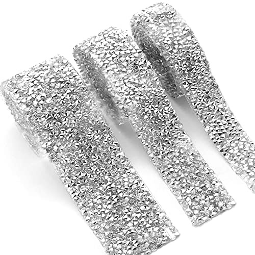 3 Rolls Crystal Rhinestone Ribbon, 1 Yards Self-Adhesive Crystal Rhinestone Diamond Ribbon, DIY Decoration Stickers, für Hochzeitstorte, Geburtstag, Basteldekorationen(3 Sizes, Silber Weiss)