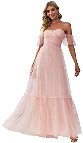 Ever-Pretty Robe Demoiselle d'honneur Femme Longue Épaules Dénudées à Volants A Line Plissé Bustier Chic Rose Clair 38