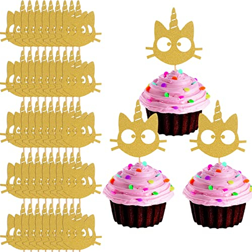 LeeLeeAn 48er Gold Glitter Katzengesicht Cupcake Topper - Gold Kitty Cat Cupcake Topper für Katzenparty, Baby Geburtstag, DIY Dekoration
