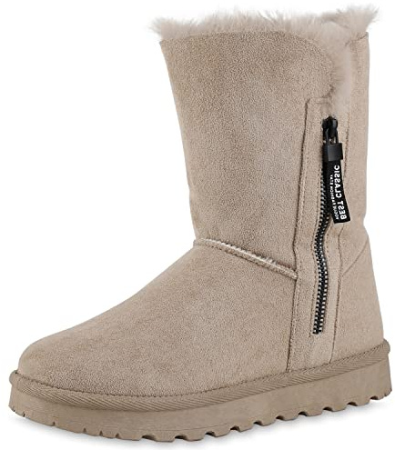 VAN HILL Damen Warm Gefütterte Winter Boots Stiefeletten Flache Zipper Schuhe Bequeme Profilsohle Booties Kunstfell Winterschuhe 209057 Beige 37