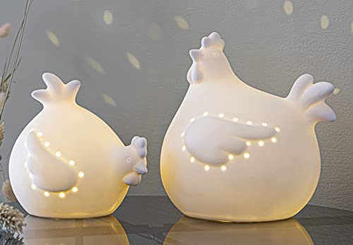 Dekoleidenschaft 2X Huhn White aus Porzellan, weiß, mit LED Beleuchtung, Osterdeko zum hinstellen, Hühnerfigur, Dekofigur, Porzellandeko Leuchtend