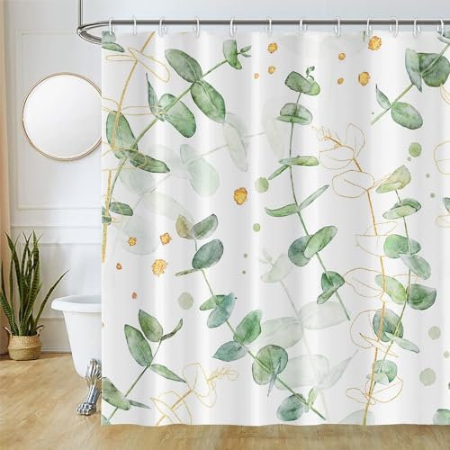 Rideau Douche Vert et Doré, Uiioozy Rideau de Douche Feuilles d'eucalyptus Rideaux de Baignoire Anti Moisissure Imperméable Tissu Polyester Lavable Rideaux Salle de Bain avec 12 Crochets 180Lx220Hcm