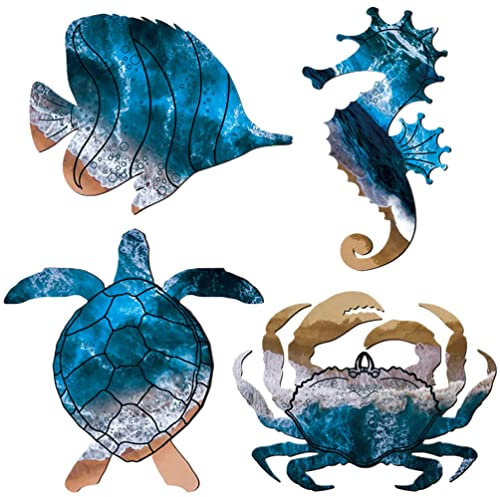 Abaodam 4 Uds. Esculturas De Pared De Océano De Metal Tortuga Caballito De Mar Cangrejo Playa Tema Decoración De Pared Arte De Pared Aire Para Baño Piscina