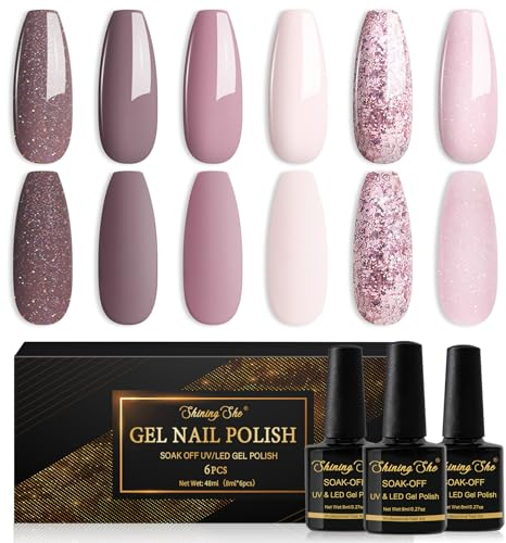 Shining She Nail Gel Polish Set, 6 Colours Pink Purple Taupe Glitter - Soak-Off UV/LED Nail Polish Gel Manicure for Nail Art Salon DIY Home, 8ML