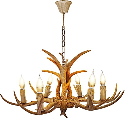 YyanLAK Geweih Kronleuchter, 6 Kopf Hirschgeweih Lampe Geweihlampe Deckenleuchte,220V Lampe Vintage Atmosphäre Innenbeleuchtung, Mit Glühbirne, für Wohnzimmer, Schlafzimmer