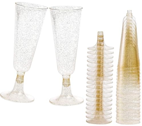 ACONDE 20 Stück Plastik Sektgläser, 150 ml, Gold Glitter, Champagnerflöten Aus Kunststoff Wiederverwendbar für Partys, Hochzeiten